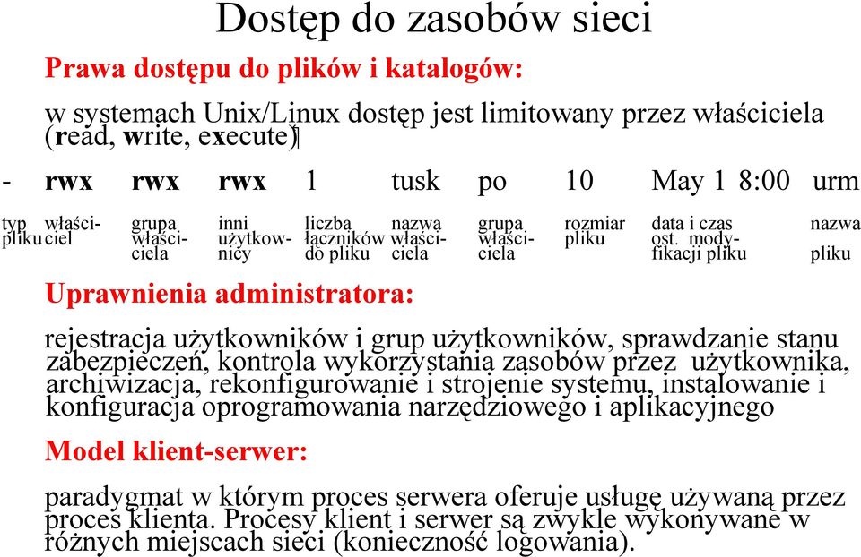 modyfikacji pliku nazwa pliku Uprawnienia administratora: rejestracja użytkowników i grup użytkowników, sprawdzanie stanu zabezpieczeń, kontrola wykorzystania zasobów przez użytkownika, archiwizacja,