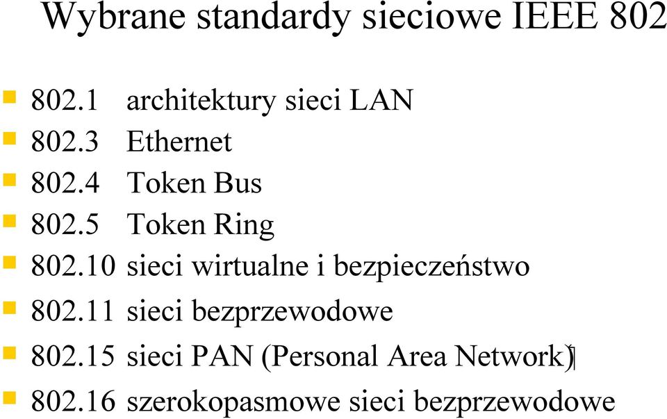 16 architektury sieci LAN Ethernet Token Bus Token Ring sieci