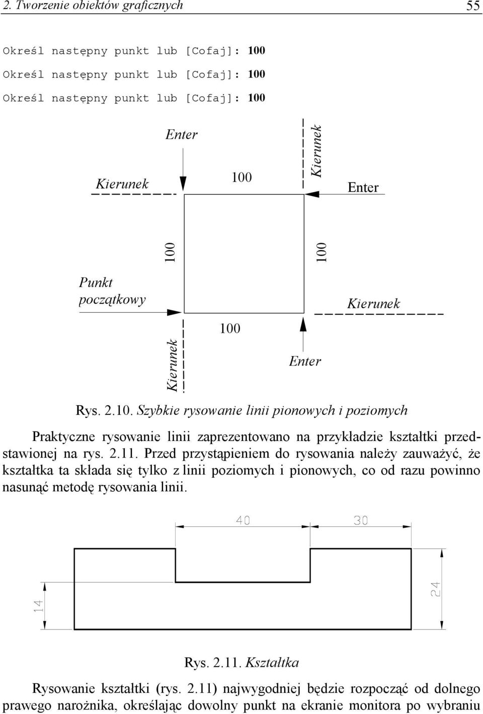 2.11. Przed przystąpieniem do rysowania należy zauważyć, że kształtka ta składa się tylko z linii poziomych i pionowych, co od razu powinno nasunąć metodę rysowania linii.