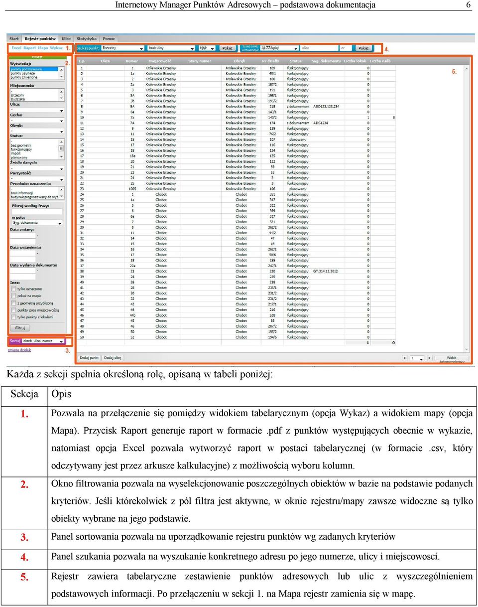 pdf z punktów występujących obecnie w wykazie, natomiast opcja Excel pozwala wytworzyć raport w postaci tabelarycznej (w formacie.