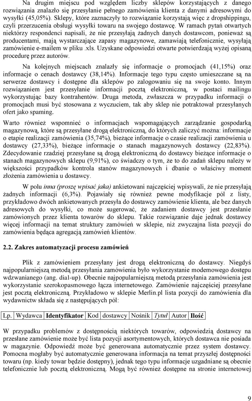 W ramach pytań otwartych niektórzy respondenci napisali, że nie przesyłają żadnych danych dostawcom, ponieważ są producentami, mają wystarczające zapasy magazynowe, zamawiają telefonicznie, wysyłają