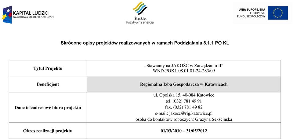01-24-283/09 Regionalna Izba Gospodarcza w Katowicach ul. Opolska 15, 40-084 Katowice tel.