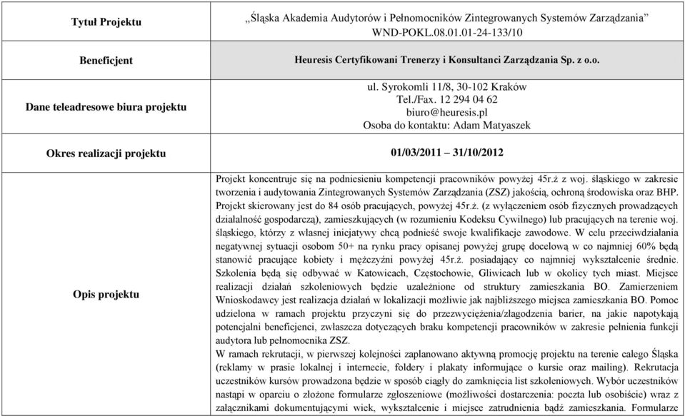 pl Osoba do kontaktu: Adam Matyaszek Okres realizacji projektu 01/03/2011 31/10/2012 Opis projektu Projekt koncentruje się na podniesieniu kompetencji pracowników powyżej 45r.ż z woj.