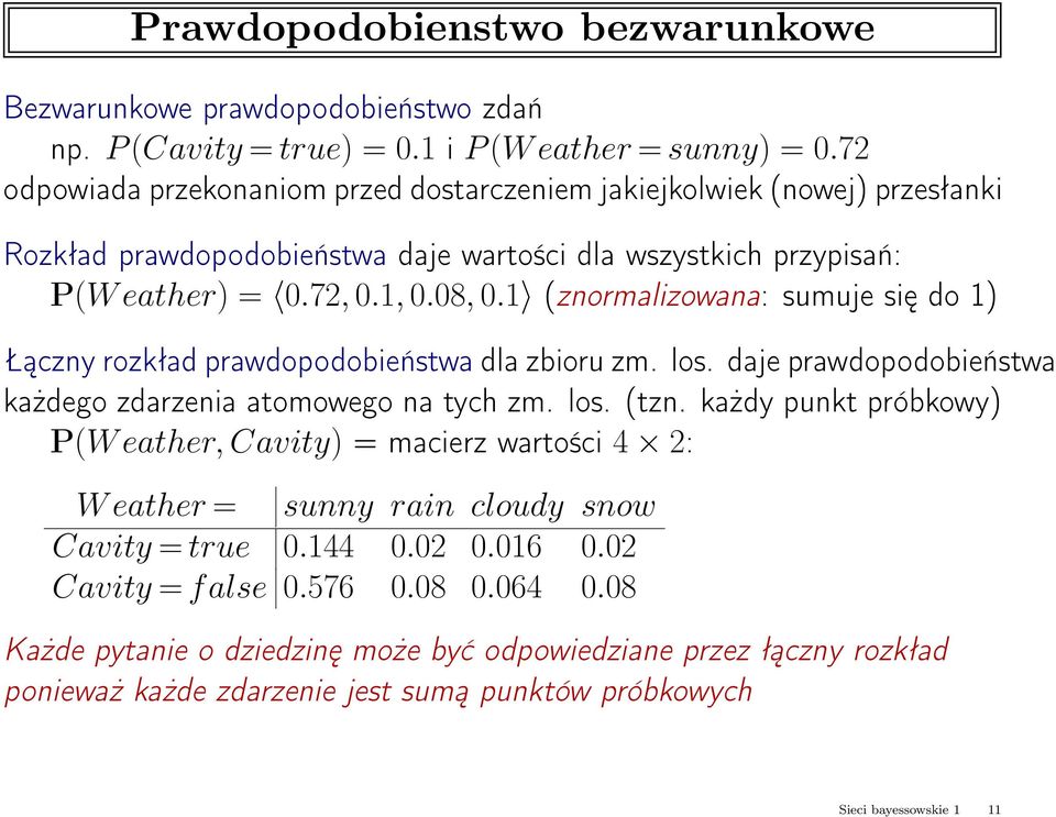 1 (znormalizowana: sumuje się do 1) Łączny rozkład prawdopodobieństwa dla zbioru zm. los. daje prawdopodobieństwa każdego zdarzenia atomowego na tych zm. los. (tzn.