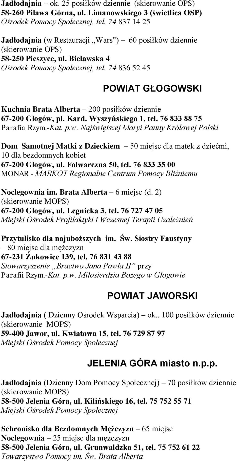 74 836 52 45 POWIAT GŁOGOWSKI Kuchnia Brata Alberta 200 posiłków 