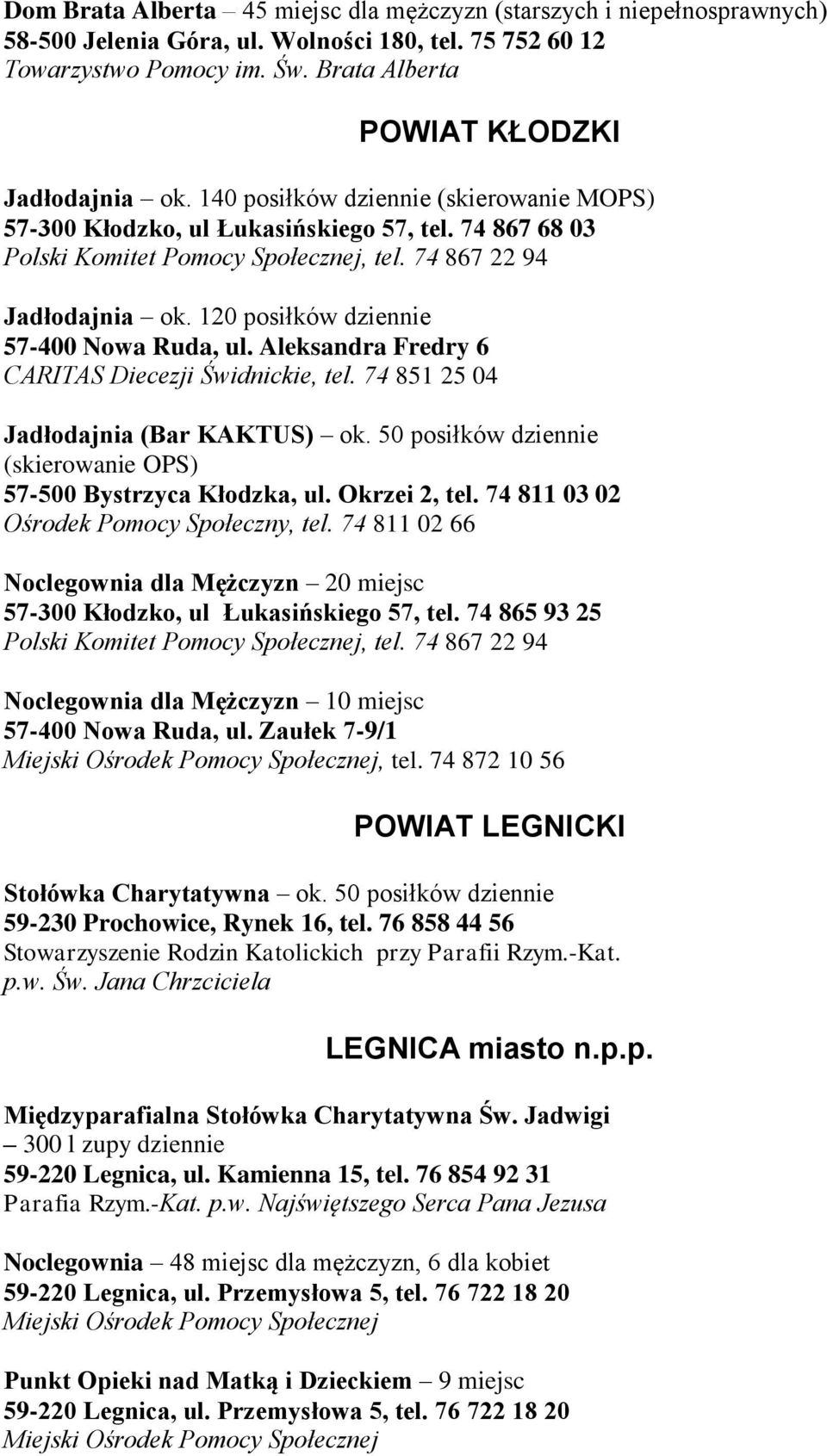 120 posiłków dziennie 57-400 Nowa Ruda, ul. Aleksandra Fredry 6 CARITAS Diecezji Świdnickie, tel. 74 851 25 04 Jadłodajnia (Bar KAKTUS) ok.