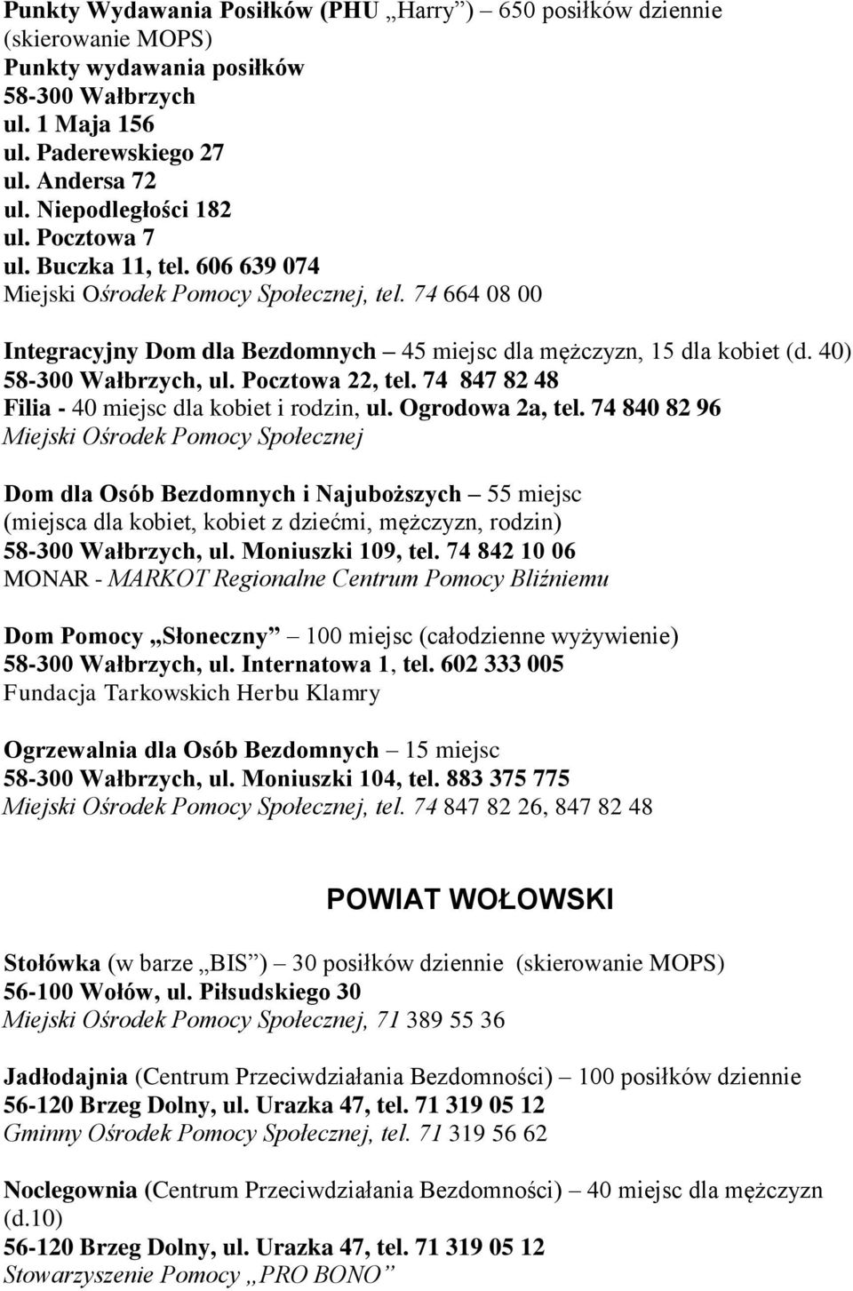 Pocztowa 22, tel. 74 847 82 48 Filia - 40 miejsc dla kobiet i rodzin, ul. Ogrodowa 2a, tel.