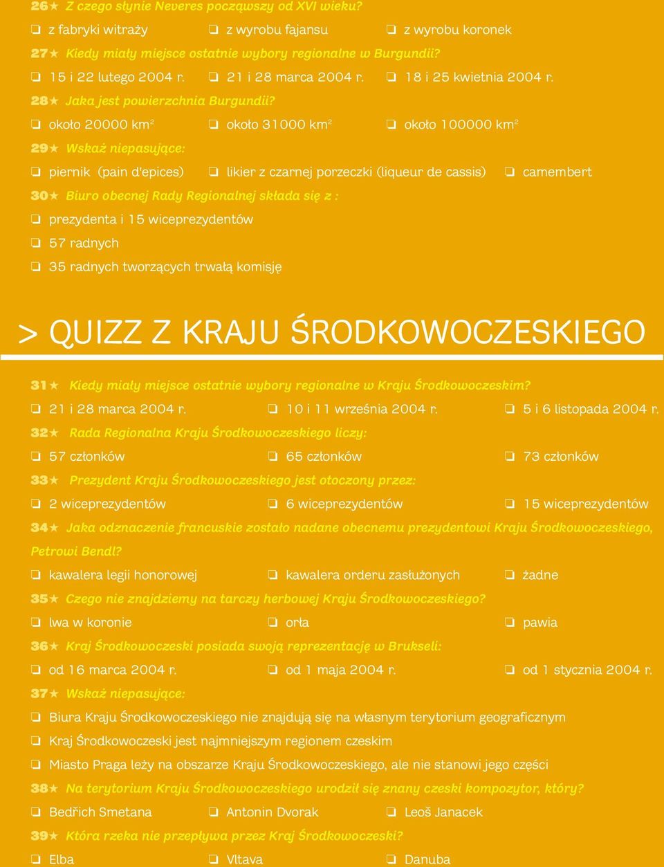 około 20000 km 2 około 31000 km 2 około 100000 km 2 29 Wskaż niepasujące: piernik (pain d'epices) likier z czarnej porzeczki (liqueur de cassis) camembert 30 Biuro obecnej Rady Regionalnej składa się