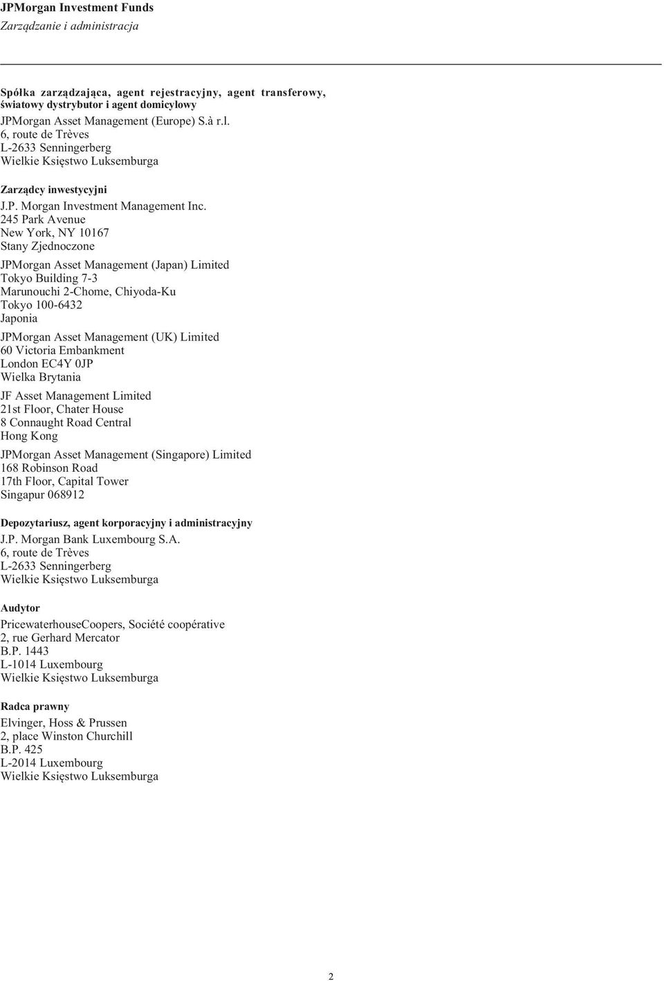 245 Park Avenue New York, NY 10167 Stany Zjednoczone JPMorgan Asset Management (Japan) Limited Tokyo Building 7-3 Marunouchi 2-Chome, Chiyoda-Ku Tokyo 100-6432 Japonia JPMorgan Asset Management (UK)