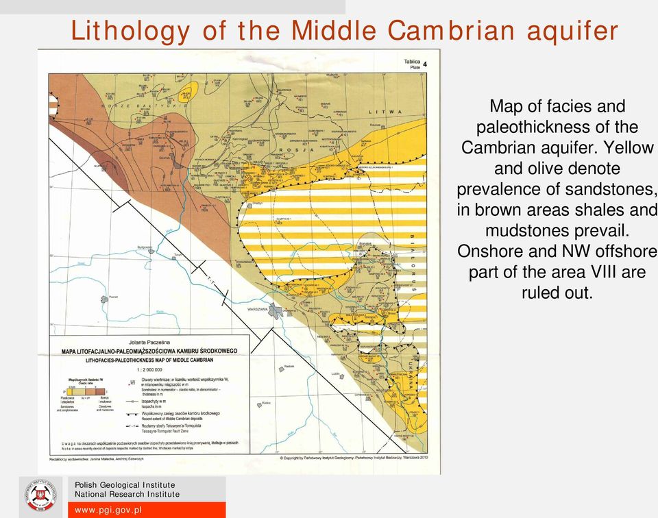 Yellow and olive denote prevalence of sandstones, in brown