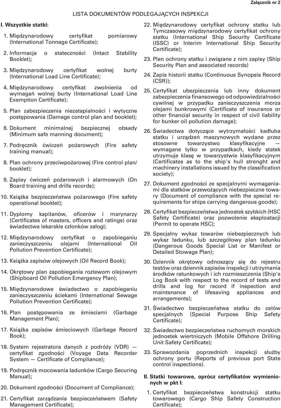 Międzynarodowy certyfikat zwolnienia od wymagań wolnej burty (International Load Line Exemption Certificate); 5.