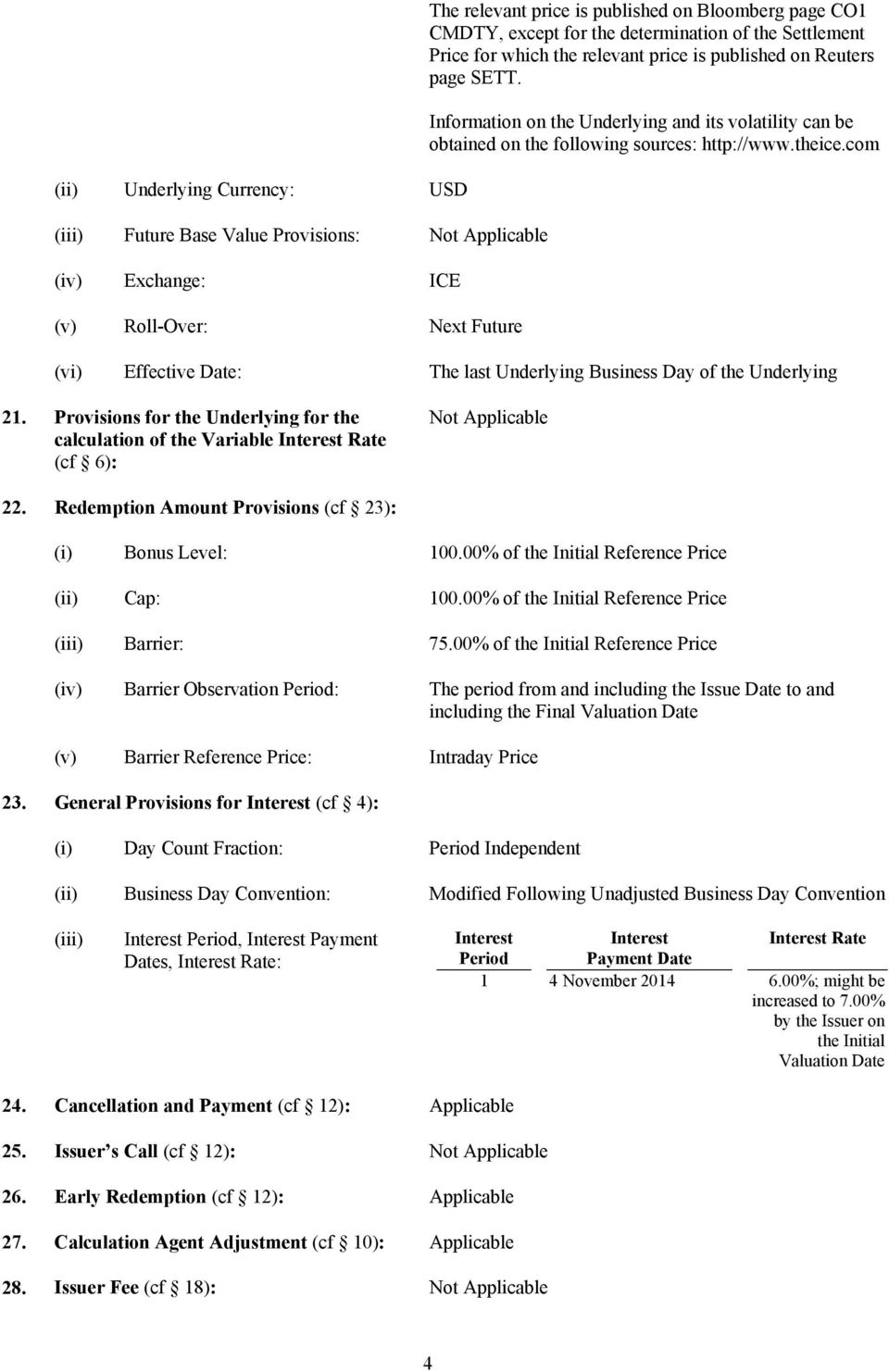 Information on the Underlying and its volatility can be obtained on the following sources: http://www.theice.com (vi) Effective Date: The last Underlying Business Day of the Underlying 21.