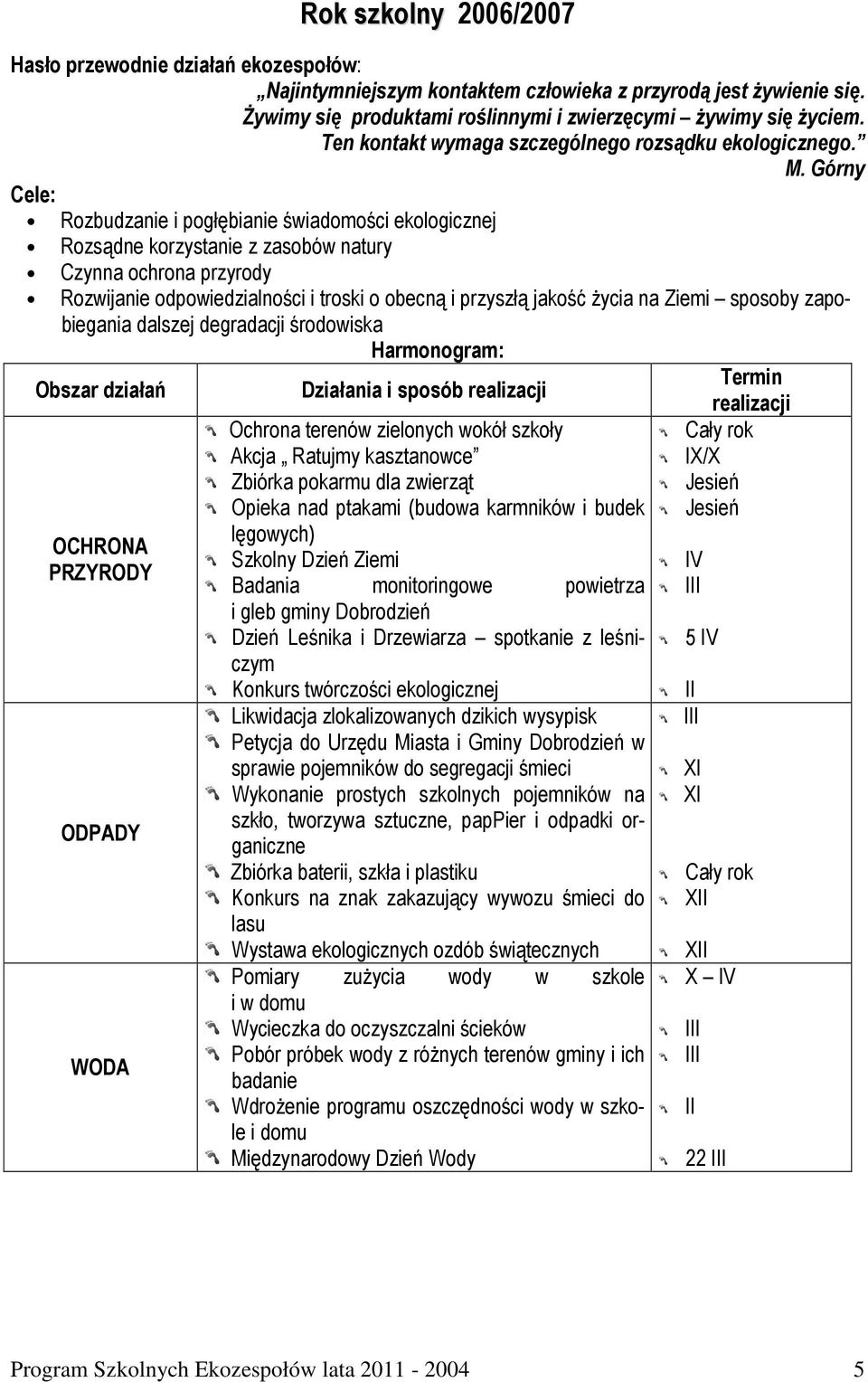 Górny Rozbudzanie i pogłębianie świadomości ekologicznej Rozsądne korzystanie z zasobów natury Czynna ochrona przyrody Rozwijanie odpowiedzialności i troski o obecną i przyszłą jakość życia na Ziemi