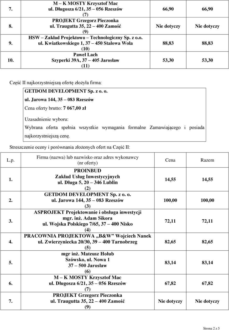 PROINBUD Zakład Usług Inwestycyjnych ul. Długa 5, 20 346 Lublin (2) ul.