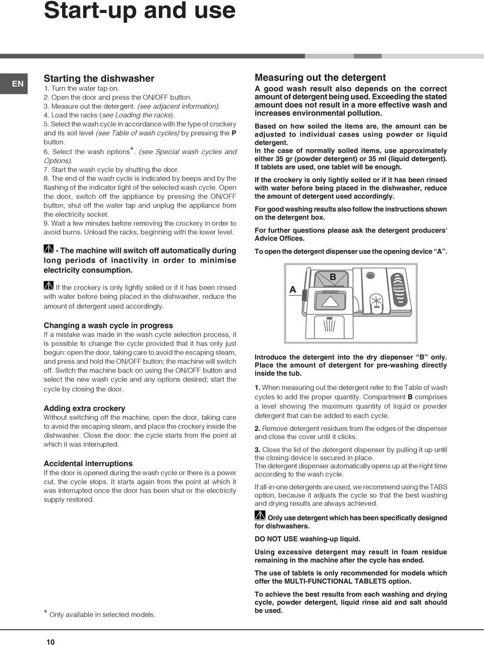 Select the wash options*. (see Special wash cycles and Options). 7. Start the wash cycle by shutting the door. 8.