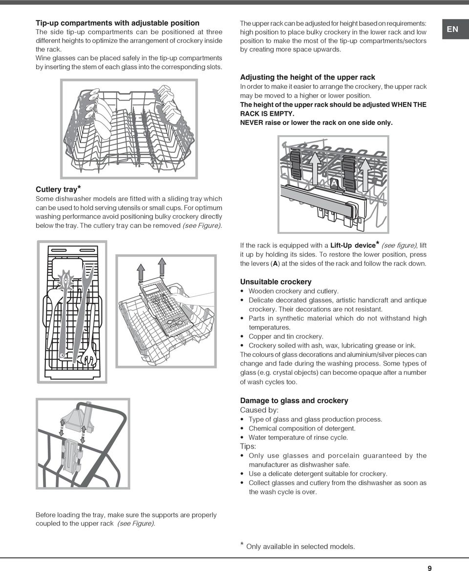 The upper rack can be adjusted for height based on requirements: high position to place bulky crockery in the lower rack and low position to make the most of the tip-up compartments/sectors by