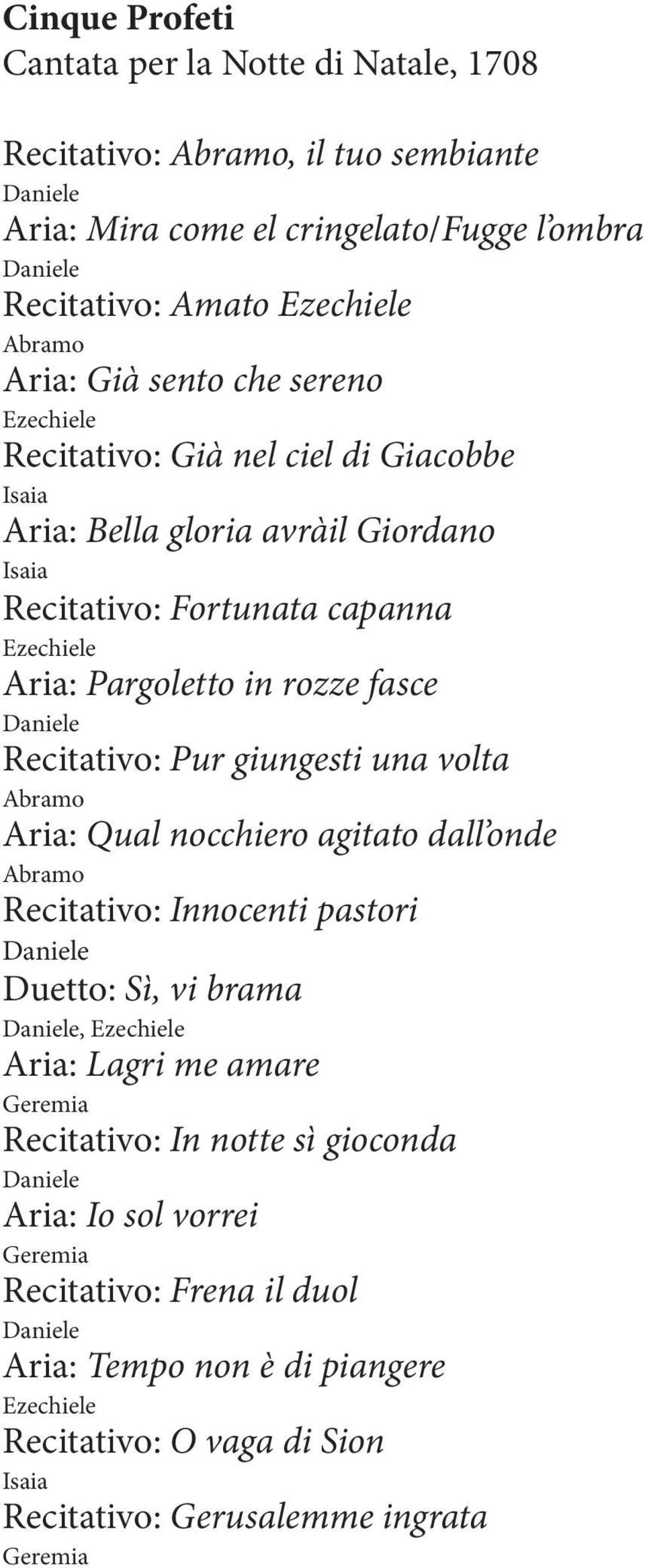 Recitativo: Pur giungesti una volta Abramo Aria: Qual nocchiero agitato dall onde Abramo Recitativo: Innocenti pastori Daniele Duetto: Sì, vi brama Daniele, Ezechiele Aria: Lagri me amare Geremia