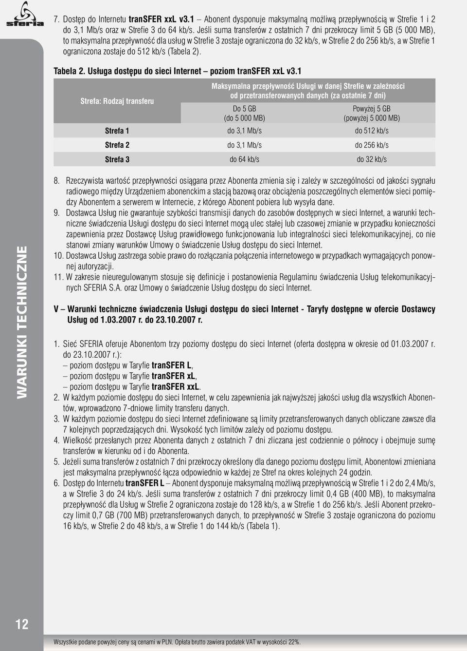 ograniczona zostaje do 512 kb/s (Tabela 2). Tabela 2. Usługa dostępu do sieci Internet poziom transfer xxl v3.