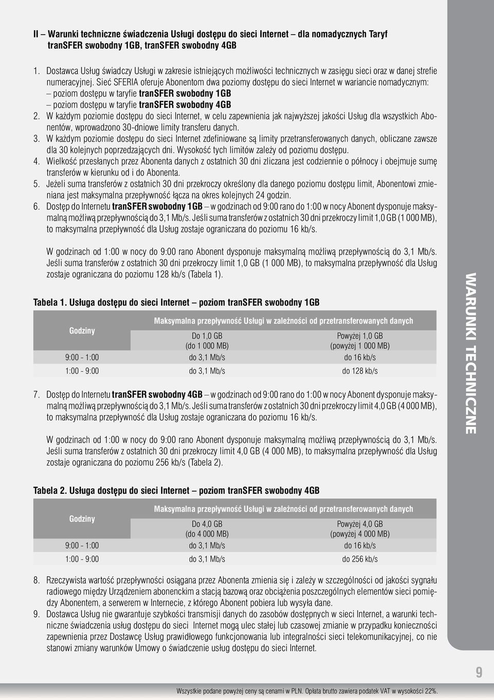 Sieć SFERIA oferuje Abonentom dwa poziomy dostępu do sieci Internet w wariancie nomadycznym: poziom dostępu w taryfie transfer swobodny 1GB poziom dostępu w taryfie transfer swobodny 4GB 2.