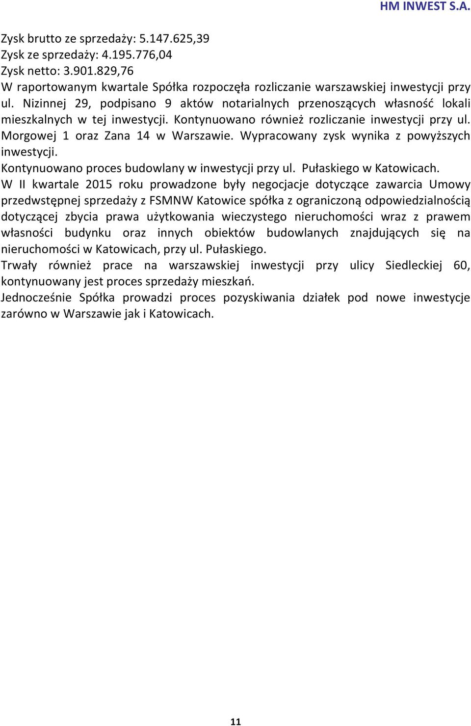 Wypracowany zysk wynika z powyższych inwestycji. Kontynuowano proces budowlany w inwestycji przy ul. Pułaskiego w Katowicach.