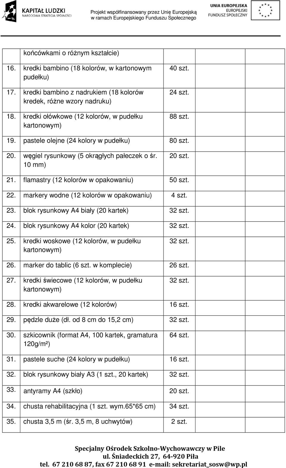 flamastry (12 kolorów w opakowaniu) 50 szt. 22. markery wodne (12 kolorów w opakowaniu) 23. blok rysunkowy A4 biały (20 kartek) 3 24. blok rysunkowy A4 kolor (20 kartek) 3 25.