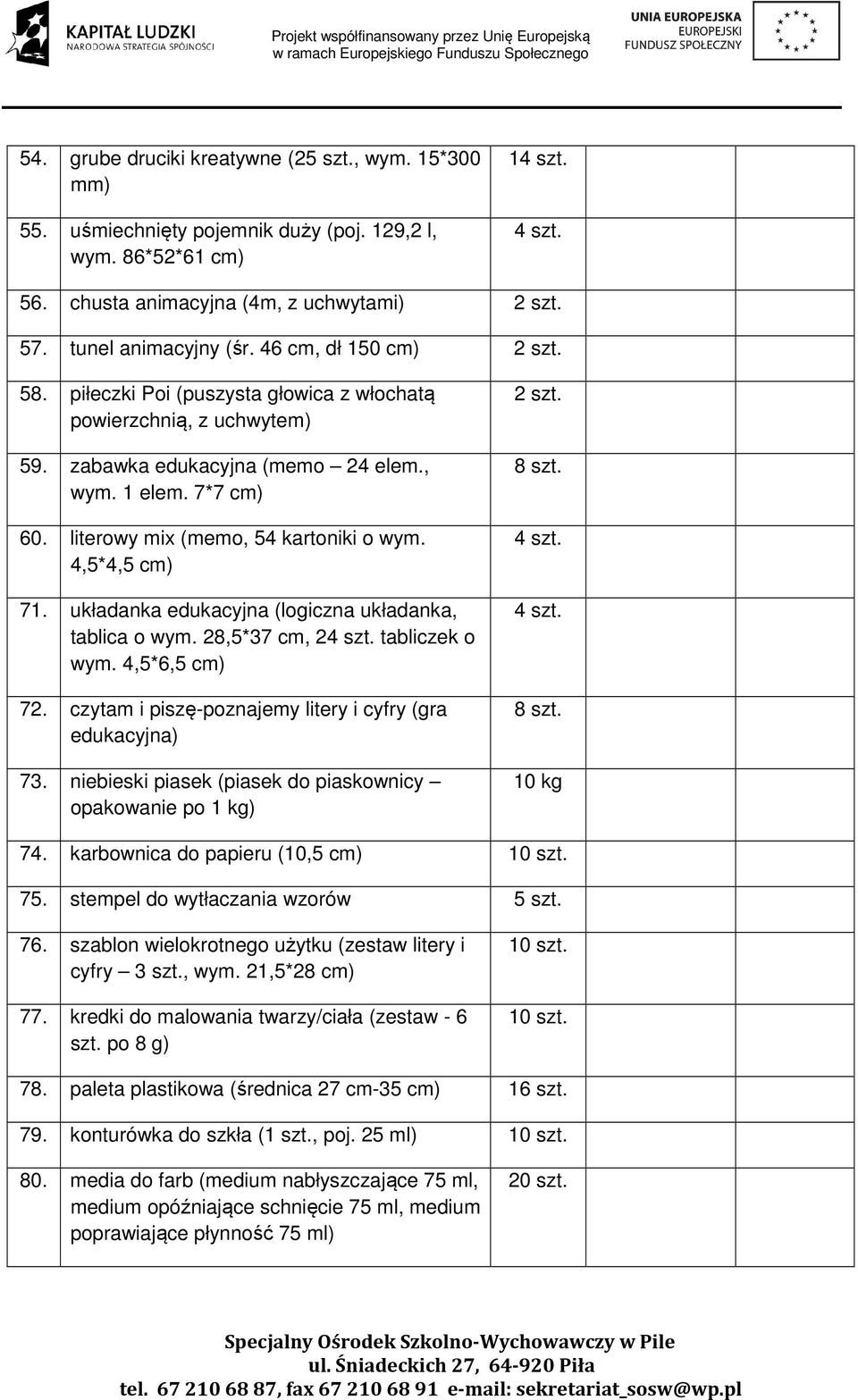 4,5*4,5 cm) 71. układanka edukacyjna (logiczna układanka, tablica o wym. 28,5*37 cm, 2 tabliczek o wym. 4,5*6,5 cm) 72. czytam i piszę-poznajemy litery i cyfry (gra edukacyjna) 73.