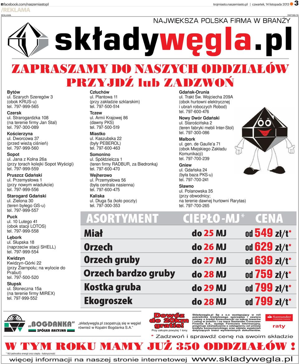 797-999-559 Pruszcz Gdański ul. Przemysłowa 1 (przy nowym wiadukcie) tel. 797-999-556 Starogard Gdański ul. Zielona 30 (teren byłego GS-u) tel. 797-999-557 Puck ul.