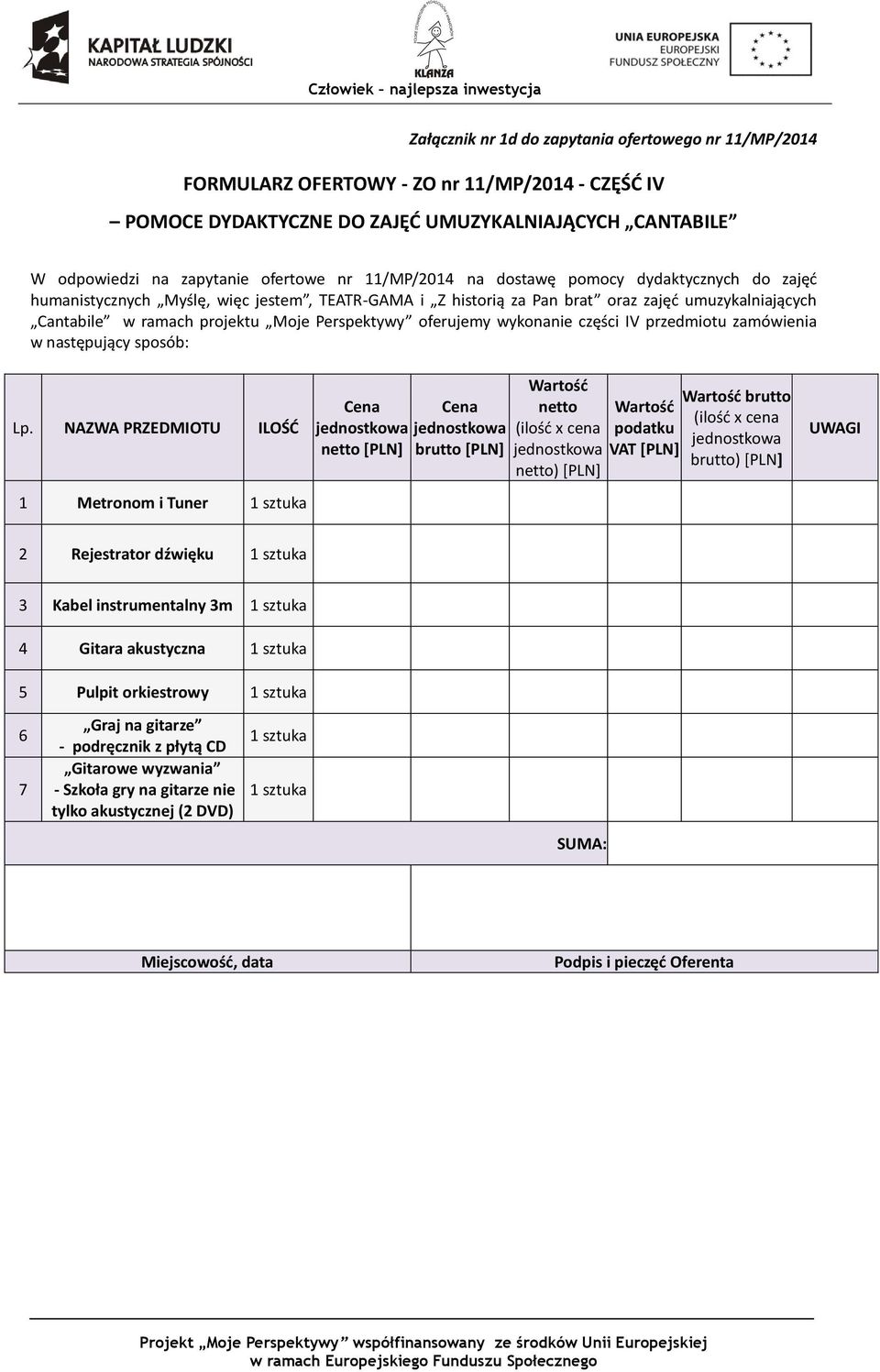 oferujemy wykonanie części IV przedmiotu zamówienia w następujący sposób: Lp.