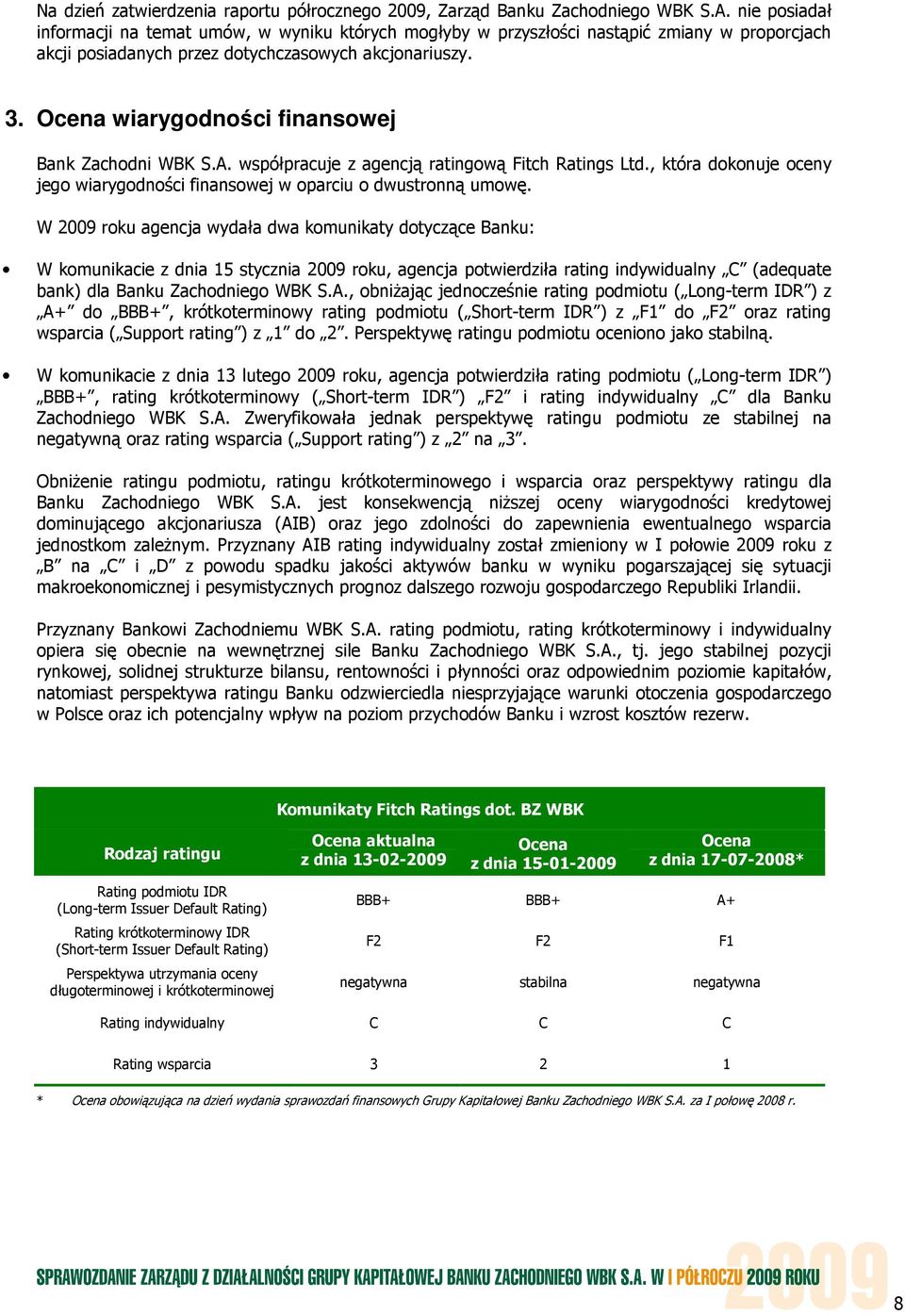 Ocena wiarygodności finansowej Bank Zachodni WBK S.A. współpracuje z agencją ratingową Fitch Ratings Ltd., która dokonuje oceny jego wiarygodności finansowej w oparciu o dwustronną umowę.