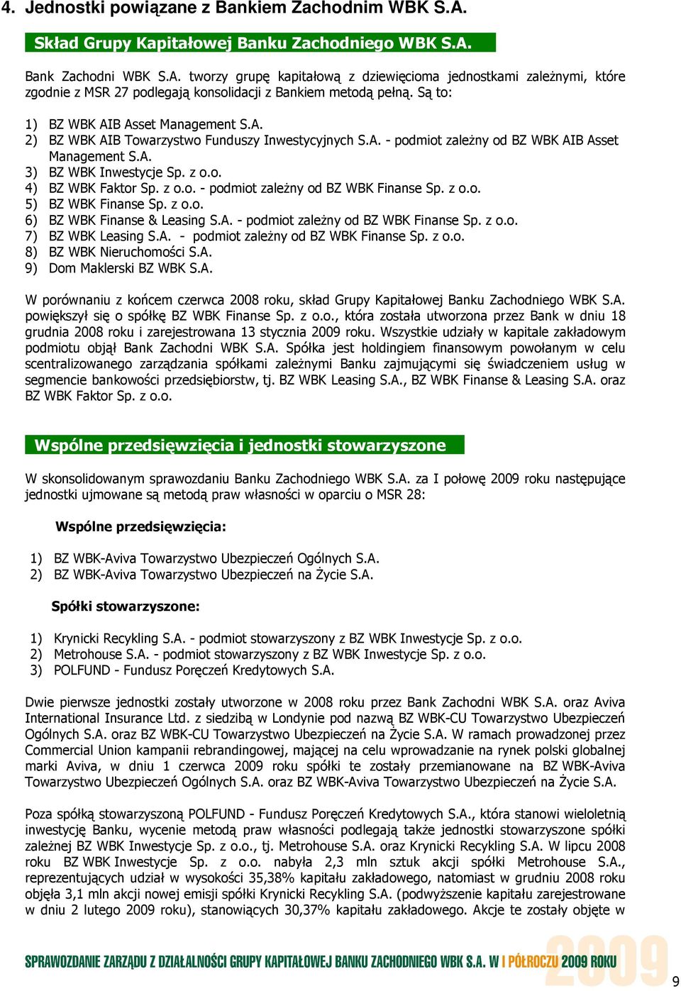 z o.o. - podmiot zaleŝny od BZ WBK Finanse Sp. z o.o. 5) BZ WBK Finanse Sp. z o.o. 6) BZ WBK Finanse & Leasing S.A. - podmiot zaleŝny od BZ WBK Finanse Sp. z o.o. 7) BZ WBK Leasing S.A. - podmiot zaleŝny od BZ WBK Finanse Sp. z o.o. 8) BZ WBK Nieruchomości S.