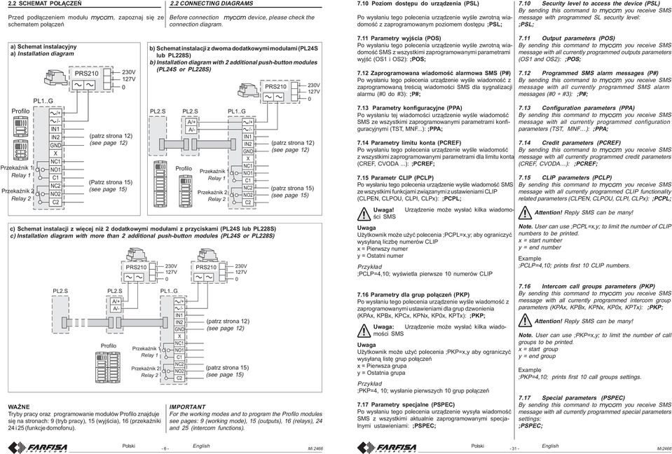0 Security level to access the device (PSL) By sending this command to you receive message with programmed SL security level: ;PSL; a) Schemat instalacyjny a) Installation diagram Profilo PrzekaŸnik