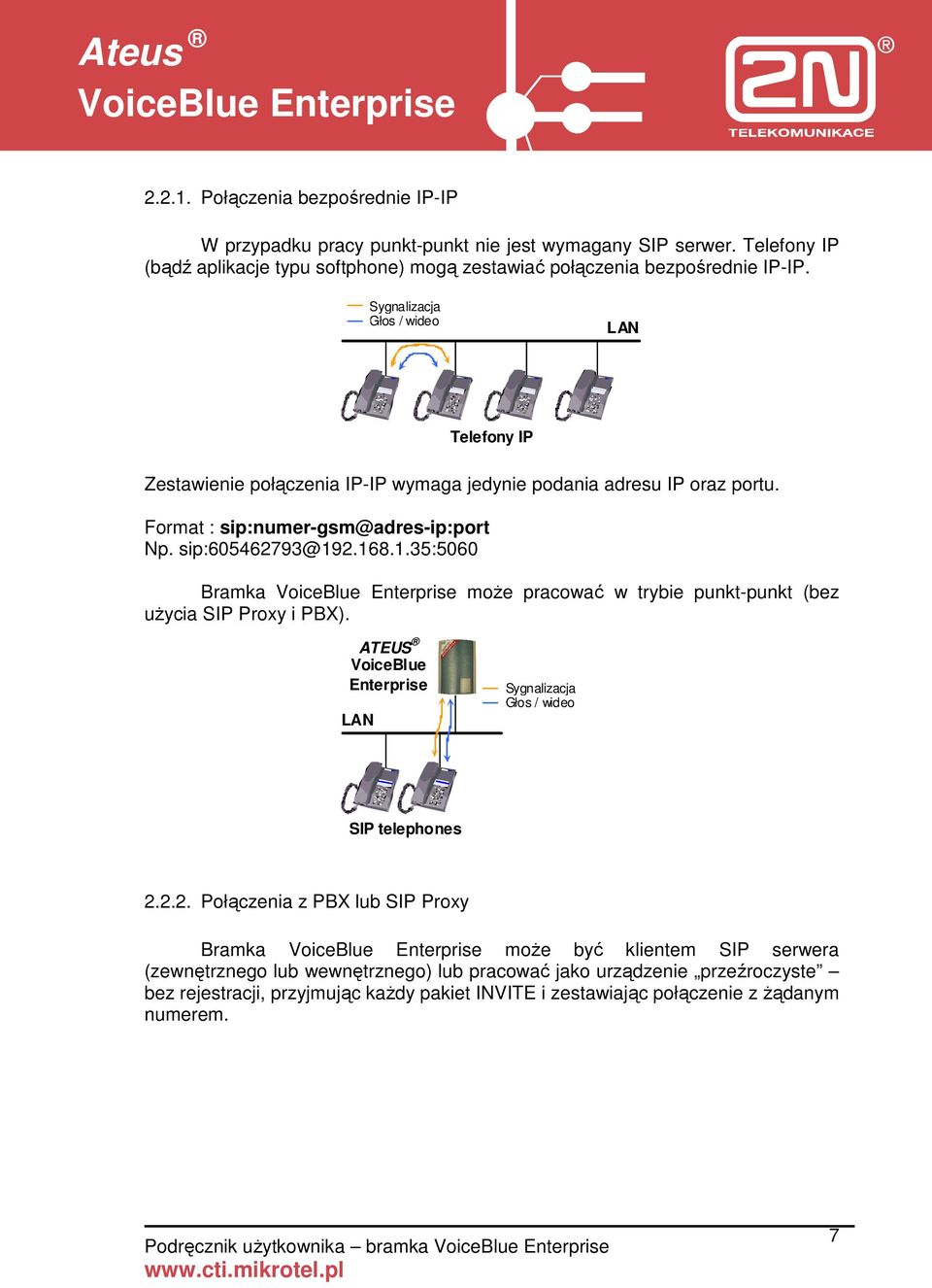 2.168.1.35:5060 Bramka moŝe pracować w trybie punkt-punkt (bez uŝycia SIP Proxy i PBX). ATEUS VoiceBlue Enterprise LAN Sygnalizacja Głos / wideo SIP telephones 2.2.2. Połączenia z PBX lub SIP Proxy