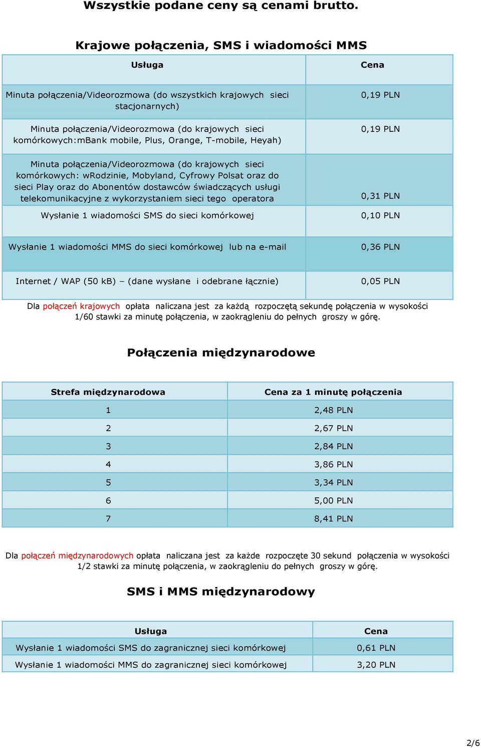 komórkowych:mbank mobile, Plus, Orange, T-mobile, Heyah) 0,19 PLN Minuta połączenia/videorozmowa (do krajowych sieci komórkowych: wrodzinie, Mobyland, Cyfrowy Polsat oraz do sieci Play oraz do