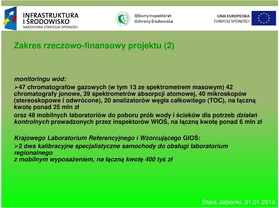 do poboru prób wody i ścieków dla potrzeb działań kontrolnych prowadzonych przez inspektorów WIOŚ, na łączną kwotę ponad 6 mln zł Krajowego Laboratorium Referencyjnego i