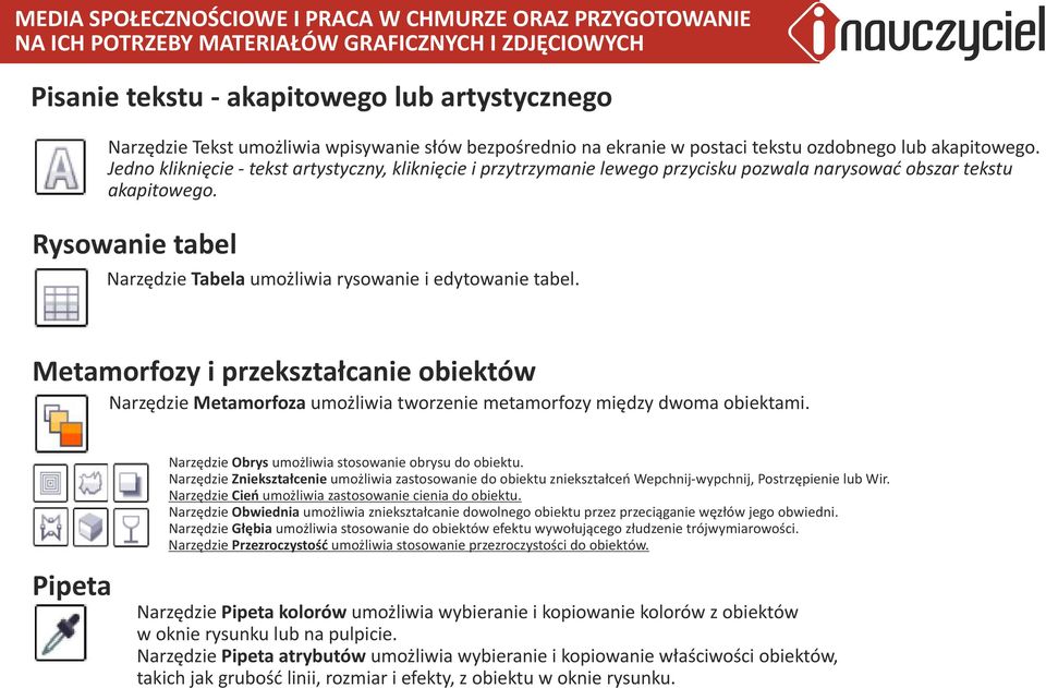 Metamorfozy przekształcane obektów Narzędze Metamorfoza umożlwa tworzene metamorfozy mędzy dwoma obektam. Narzędze Obrys umożlwa stosowane obrysu do obektu.