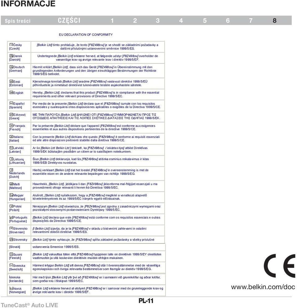 Svenska [Swedish] [Belkin Ltd] tímto prohlašuje, že tento [F8Z498cw] je ve shod se základními požadavky a dalšími p íslušnými ustanoveními sm rnice 1999/5/ES.