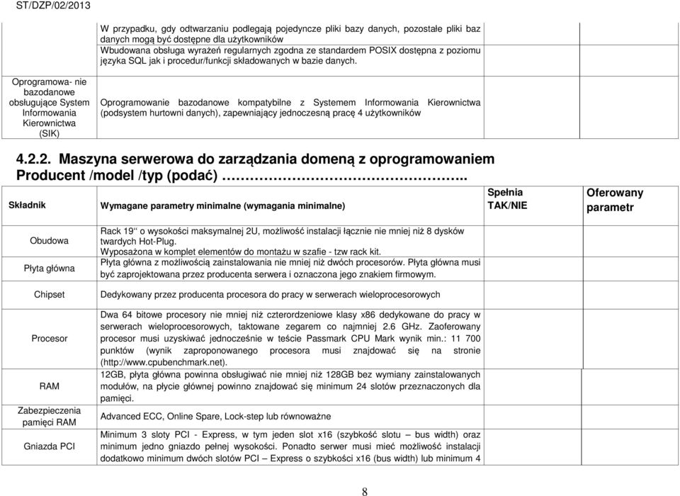 Oprogramowa- nie bazodanowe obsługujące System Informowania Kierownictwa (SIK) Oprogramowanie bazodanowe kompatybilne z Systemem Informowania Kierownictwa (podsystem hurtowni danych), zapewniający