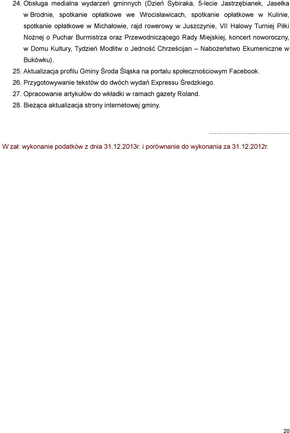 Chrześcijan Nabożeństwo Ekumeniczne w Bukówku). 25. Aktualizacja profilu Gminy Środa Śląska na portalu społecznościowym Facebook. 26. Przygotowywanie tekstów do dwóch wydań Expressu Średzkiego.