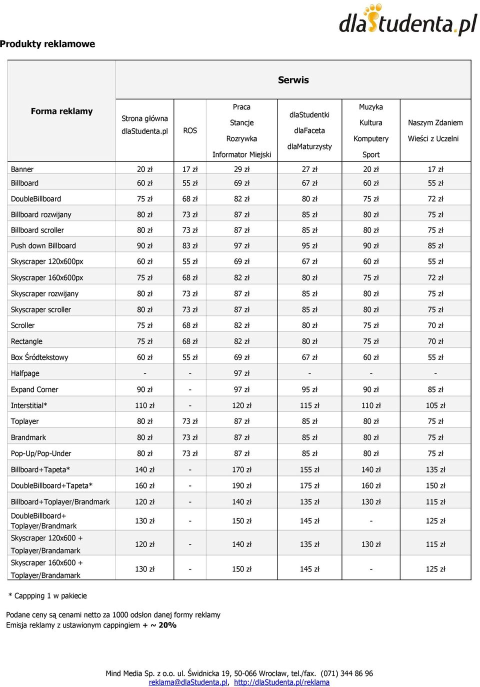 Billboard 60 zł 55 zł 69 zł 67 zł 60 zł 55 zł DoubleBillboard 75 zł 68 zł 82 zł 80 zł 75 zł 72 zł Billboard rozwijany 80 zł 73 zł 87 zł 85 zł 80 zł 75 zł Billboard scroller 80 zł 73 zł 87 zł 85 zł 80