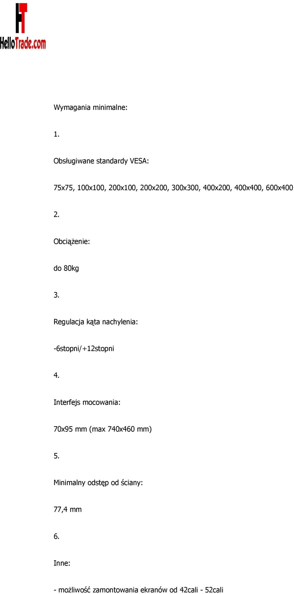 400x400, 600x400 2. Obciążenie: do 80kg 3.