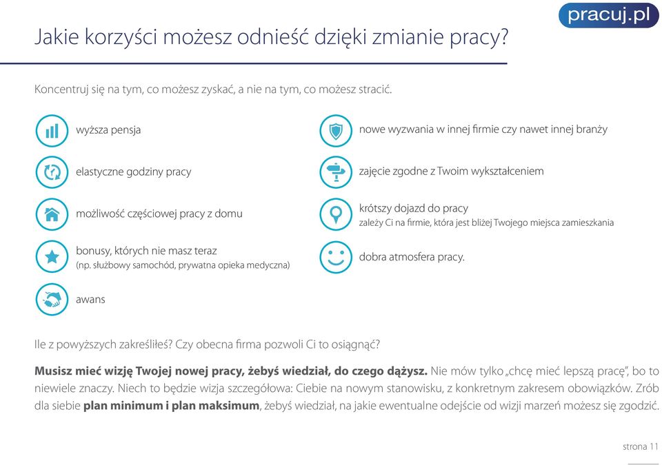 służbowy samochód, prywatna opieka medyczna) krótszy dojazd do pracy zależy Ci na firmie, która jest bliżej Twojego miejsca zamieszkania dobra atmosfera pracy. awans Ile z powyższych zakreśliłeś?