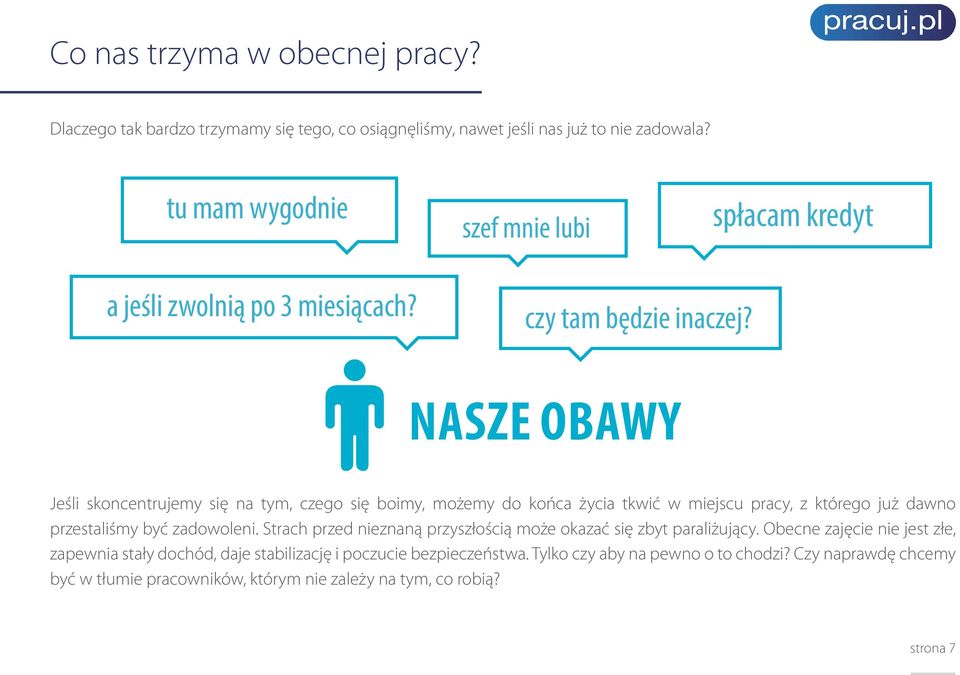 NASZE OBAWY Jeśli skoncentrujemy się na tym, czego się boimy, możemy do końca życia tkwić w miejscu pracy, z którego już dawno przestaliśmy być zadowoleni.