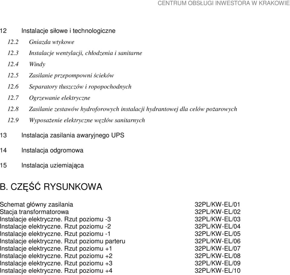 9 WyposaŜenie elektryczne węzłów sanitarnych 13 Instalacja zasilania awaryjnego UPS 14 Instalacja odgromowa 15 Instalacja uziemiająca B.