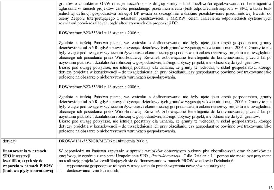 przedstawicieli z MRiRW, celem znalezienia odpowiednich systemowych rozwiązań potwierdzających, bądź alternatywnych dla propozycji DP. ROW/ws/mm/823/553/05 z 18 stycznia 2006 r.