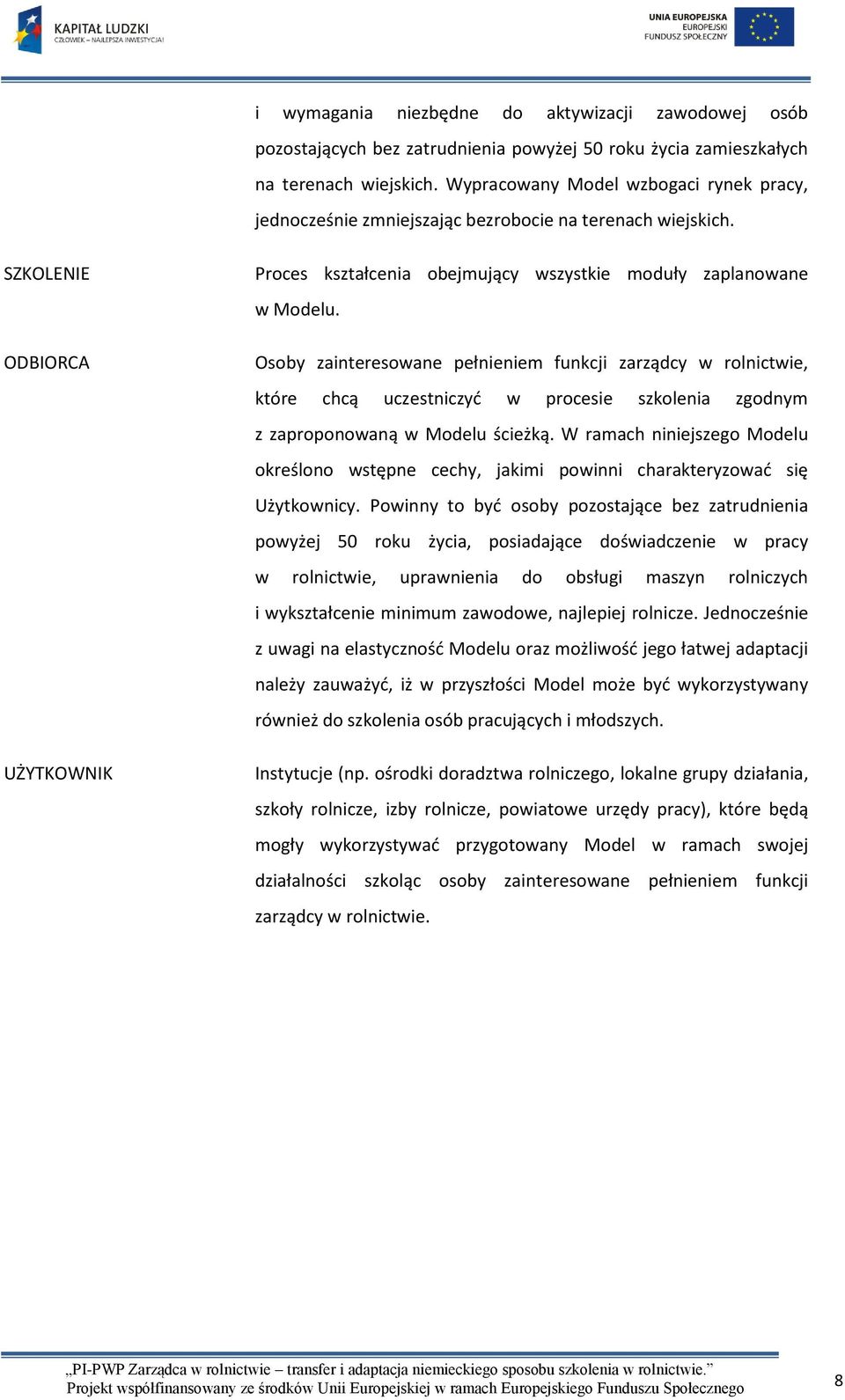 Osoby zainteresowane pełnieniem funkcji zarządcy w rolnictwie, które chcą uczestniczyć w procesie szkolenia zgodnym z zaproponowaną w Modelu ścieżką.