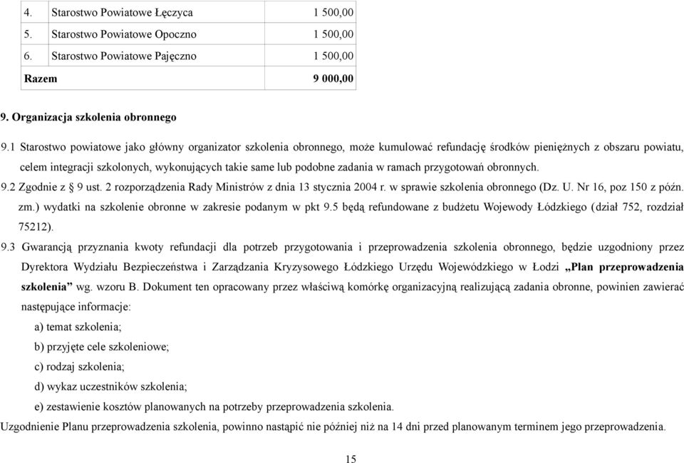 zadania w ramach przygotowań obronnych. 9.2 Zgodnie z 9 ust. 2 rozporządzenia Rady Ministrów z dnia 13 stycznia 2004 r. w sprawie szkolenia obronnego (Dz. U. Nr 16, poz 150 z późn. zm.