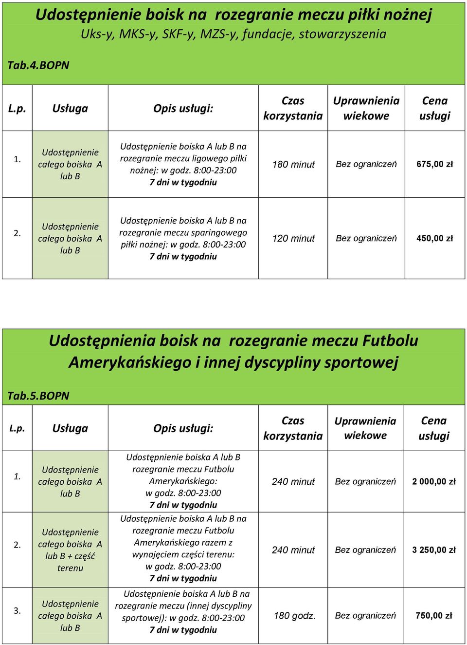 Usługa Opis : na rozegranie meczu ligowego piłki nożnej: 180 minut Bez ograniczeń 675,00 zł na rozegranie meczu sparingowego piłki nożnej: 120 minut Bez ograniczeń 450,00 zł