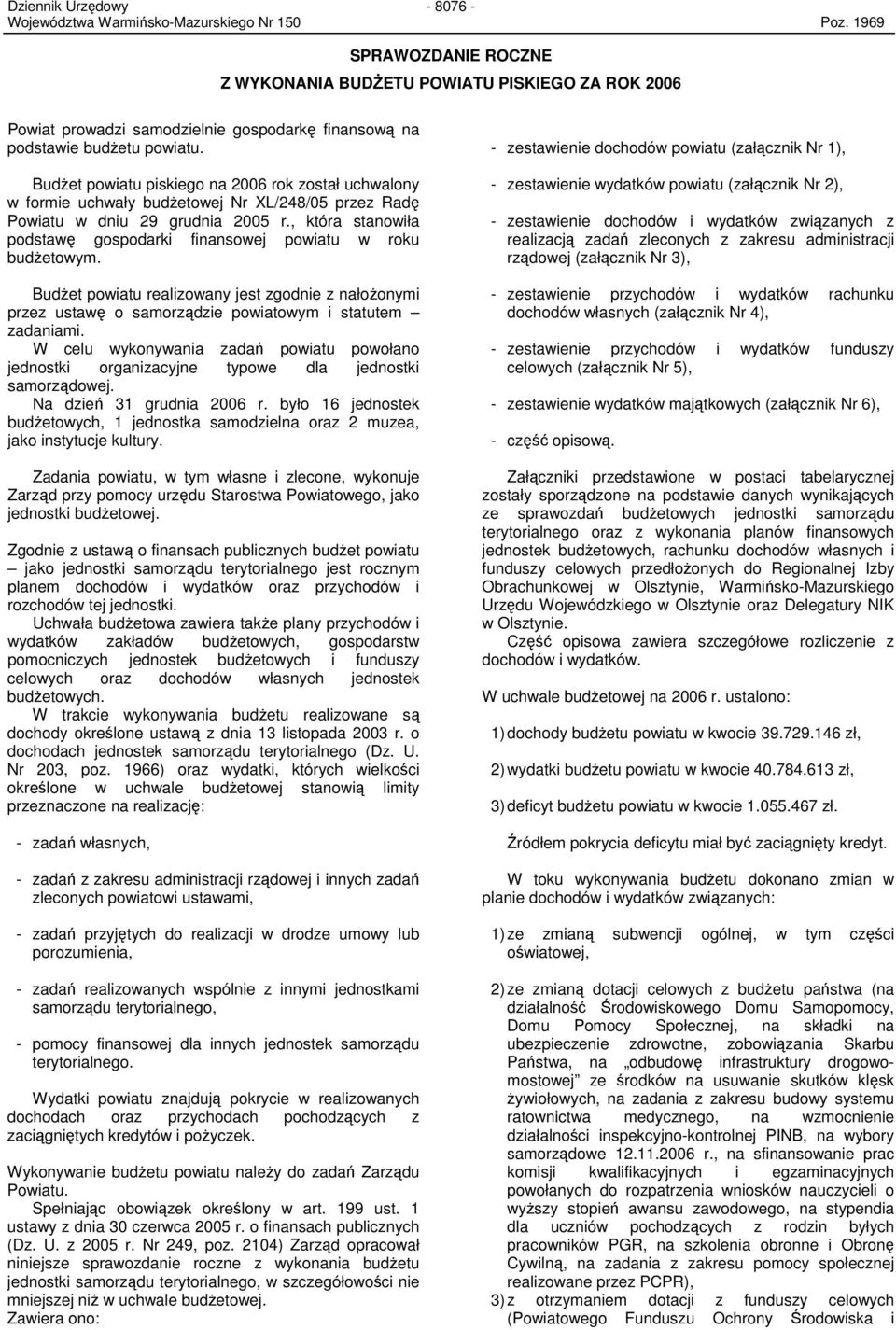 BudŜet powiatu piskiego na 2006 rok został uchwalony w formie uchwały budŝetowej Nr XL/248/05 przez Radę Powiatu w dniu 29 grudnia 2005 r.