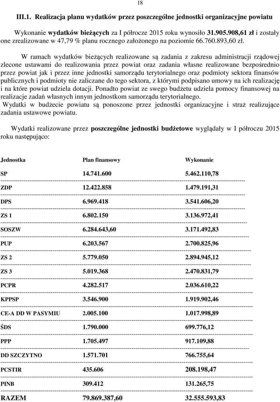 W ramach wydatków bieżących realizowane są zadania z zakresu administracji rządowej zlecone ustawami do realizowania przez powiat oraz zadania własne realizowane bezpośrednio przez powiat jak i przez