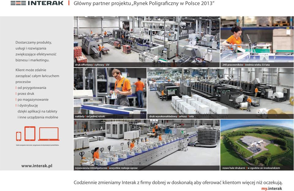 offsetowy I cyfrowy I UV nakłady I od jednej sztuki druk wysokonakładowy I arkusz I rola 240 pracowników I średnia wieku 33 lata Każde rozwiązanie może zostać przygotowane do